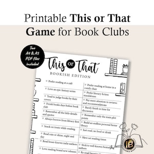 Bookclub Games | Icebreaker discussion questions | This or That Game Bookish Edition | Printable Games for Book Club Readers