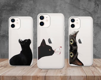 Funda de teléfono con diseño de gato negro para iPhone 17 Pro Max, 16e, 15, 14, 12 y Samsung S25 Ultra, S24 FE, A56, Pixel 10 XL, 9a, 8
