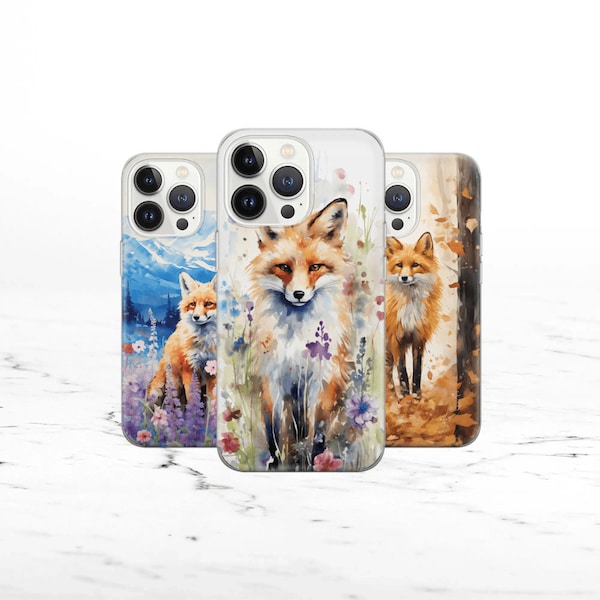 Coque de portable renard aquarelle Animaux de la forêt pour iPhone 15 14 13 12 Pro 11 XR SE, Samsung S23 S22 A73 A53 A13 A14 S21 Fe S20, Pixel 8 7 6A