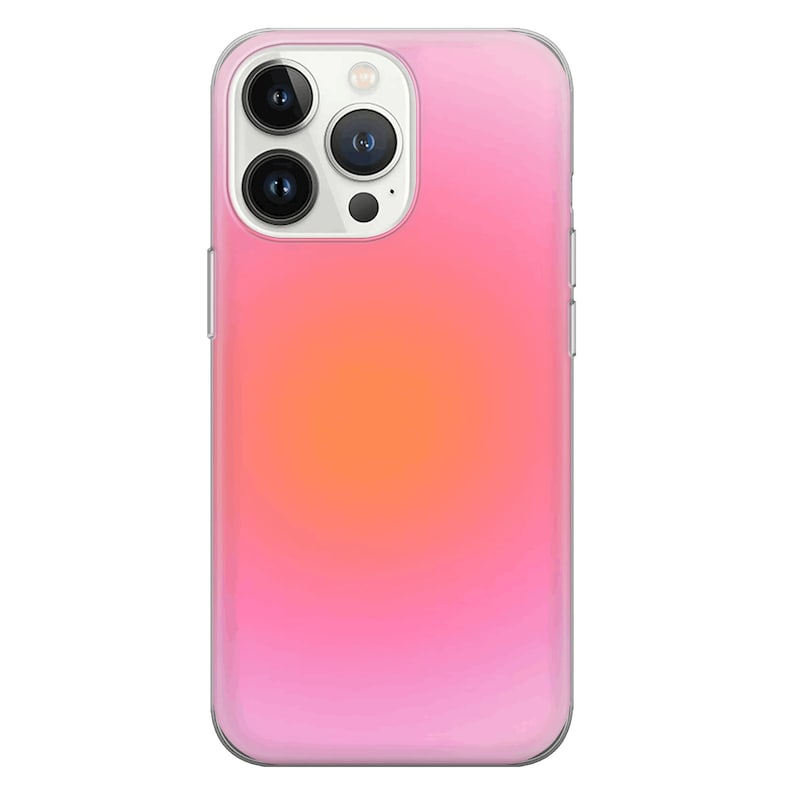 May include: A clear phone case with a pink to orange gradient design. The case has a raised camera bump with three black camera lenses.