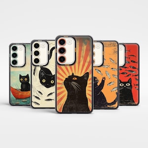 Funda de teléfono divertida con diseño de gato negro y sardinas, estilo retro vintage para Samsung S25Ultra S24Fe S23Fe A56 A55 A36 A15 iPhone 16Pro Max 15 14 Plus 13mini 12