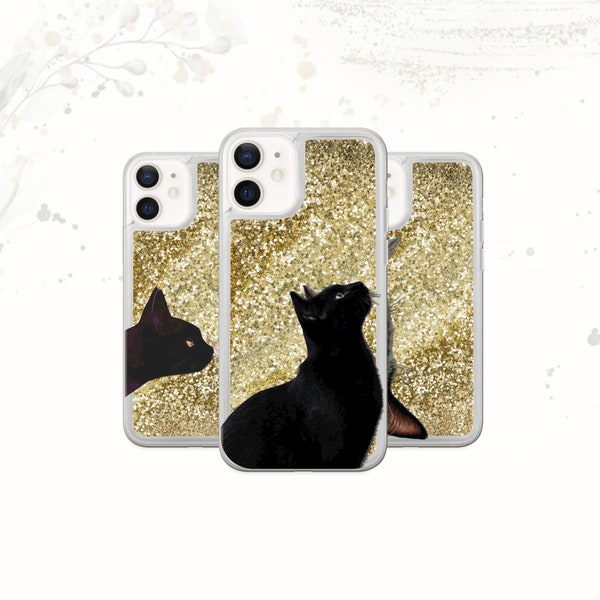 Schwarze Katze flüssige Handyhülle, Katzenkunst Glitzer für iPhone 15, 15 Pro, 15 Pro Max, 15 Plus, iPhone 14, 13, 12, 11, SE