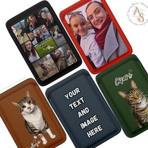 May include: A collection of personalized phone cases in various colors. One case features a collage of photos, while others display portraits of cats and the text "Your Text and Image Here." The cases are designed to hold a phone.