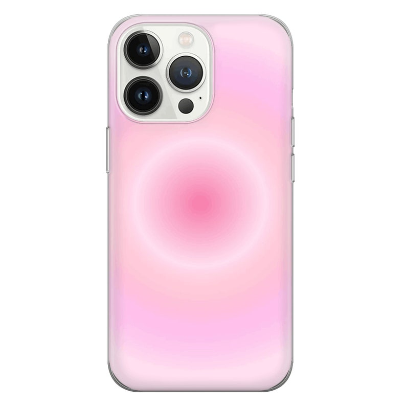 May include: A clear phone case with a pink and white gradient design. The case has a circle in the center with a pink gradient.