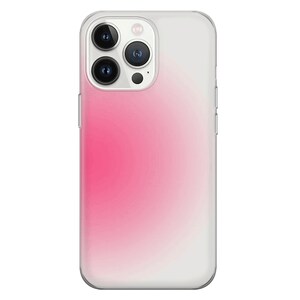 May include: A clear phone case with a pink to white gradient design. The case has a raised camera bump with three black camera lenses.