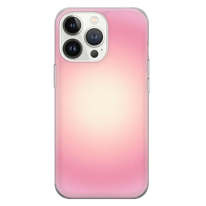 May include: A clear phone case with a pink gradient design. The case has a raised camera bump with three black camera lenses.