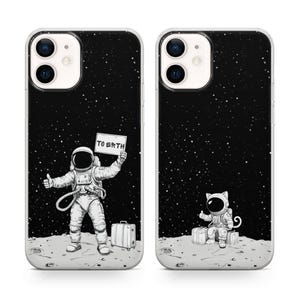 Fundas de teléfono a juego con pareja de astronautas de dibujos animados para iPhone 16, 15, 14, 13, 12 Pro, Xs, Samsung S24, S23, S22 FE, A25, A15, Pixel 9, 8A, 7
