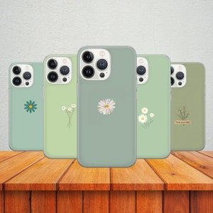 Custodia per telefono minimalista verde con margherite floreali, estetica semplice, per iPhone 16, 15, 14, 13, 12 Pro Xs, Samsung S25, S24, S23, S22 FE, A15, Pixel 9, 8A, 7