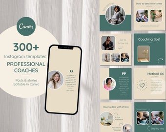 Könnte beinhalten: Ein Telefonbildschirm zeigt ein Mockup von Instagram-Posts für professionelle Coaches. Die Posts behandeln verschiedene Themen, darunter Stressbewältigung, Coaching-Tipps und die Möglichkeit, den Coach kennenzulernen. Der Text "300+ Instagram-Vorlagen PROFESSIONELLE COACHES Beiträge & Stories In Canva bearbeitbar" wird auf dem Telefonbildschirm angezeigt.
