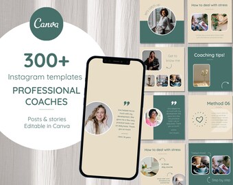 Könnte beinhalten: Eine Sammlung von Instagram-Vorlagen für professionelle Coaches. Die Vorlagen zeichnen sich durch ein grün-beiges Farbschema mit Zitaten, Text und Bildern aus. Der Text umfasst "300+ Instagram-Vorlagen", "Professionelle Coaches", "Beiträge & Stories", "In Canva bearbeitbar", "Lass uns in Kontakt treten", "Lernen Sie mich kennen", "Coaching-Tipps!", "Wie man mit Stress umgeht", "Methode 06", "Ein dreitägiger Kurs", "Stimmung von heute", "Schritt für Schritt".