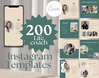 Pode incluir: Um conjunto de 200 modelos do Instagram para coaches de vida. Os modelos apresentam um esquema de cores verde e bege com citações, dicas e imagens de pessoas. O texto "200 Life Coach" é exibido em uma fonte grande em um círculo verde.