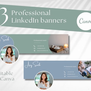 Puede incluir: Un conjunto de 13 plantillas de banner de LinkedIn editables en Canva. Los banners presentan un esquema de color azul y verde con una forma circular y la información de contacto de un entrenador profesional. El texto "Any Smith" está escrito en cursiva.