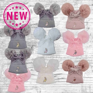 NEW 2024 giant velvet bow embroidered Peter Rabbit baby pom pom hats 4 colours 0-12m
