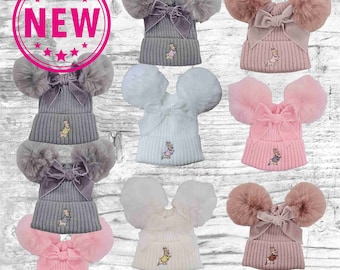 NEW 2024 giant velvet bow embroidered Peter Rabbit baby pom pom hats 4 colours 0-12m