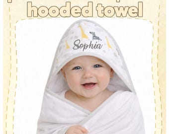 Personalised baby hooded towel embroidered safari animals name bathtime 3 designs custom gift all come with free  WASH CLOTH