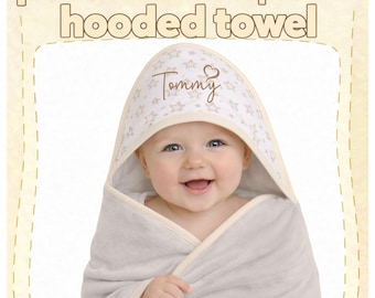 Personalised baby hooded towel embroidered name bathtime custom gift  C/W FREE WASH CLOTH