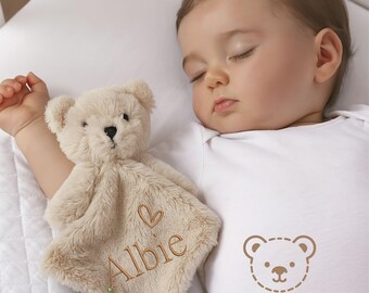 Personalised beige baby comforter soft fabric  teddy bear design so snuggly