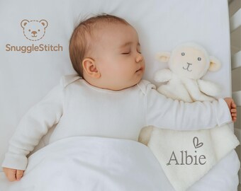 Personalised beige baby comforter security blanket wrap soft fabric  LAMB design so snuggly