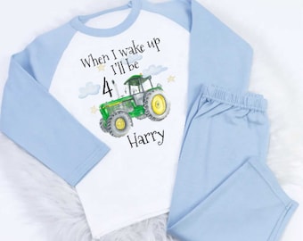 When i wake up i'll be Personalised TRACTOR PJ'S GREEN /short sets Set Toddler Kids Nightwear Christmas Eve Xmas birthday lounge pyjamas