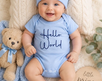Hello World Embroidered Baby Set | Newborn Gift Set | Baby Bib Bodysuit Hat | 3 Piece Baby Outfit | Baby Shower Gift | Newborn Announcement