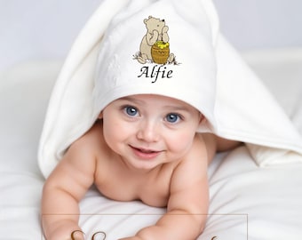 Personalised baby hooded Winnie the Pooh hunny embroidered towel bathtime