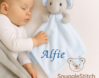 Personalised Baby Blue Elephant Comforter – Custom Name Snuggle Blanket – Soft Embroidered Security Toy  New Baby Gift – Baby Shower Present