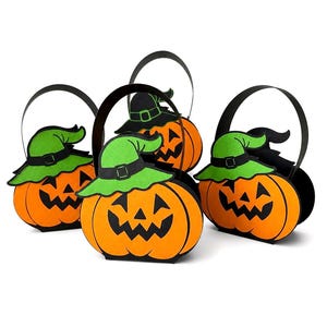 May include: Four orange pumpkin-shaped Halloween treat bags with black handles and jack-o'-lantern faces. Each pumpkin wears a green witch hat with a black band. Perfect for trick-or-treating or Halloween party favors.
