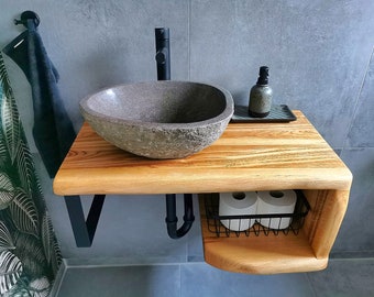 Vanity unit for countertop washbasin, floating vanity top, solid oak with natural edge, bathroom, guest toilet