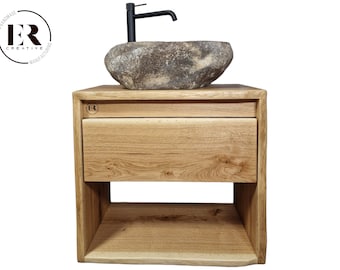 Solid wood vanity unit oak natural edge modern sustainable for countertop washbasins in the bathroom and guest toilet handmade