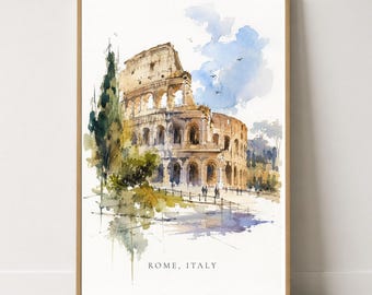 Puede incluir: Una lámina de arte en acuarela del Coliseo en Roma, Italia, con arcos de piedra color canela, cipreses verdes y un cielo azul suave con pájaros. El texto ROME, ITALY está impreso en negro en la parte inferior central del fondo blanco.