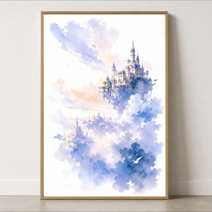 May include: A vertical watercolour painting featuring a castle perched on a floating island above a sea of soft blue and purple clouds. The scene includes a smaller distant castle structure below and two white birds flying in the lower right corner.