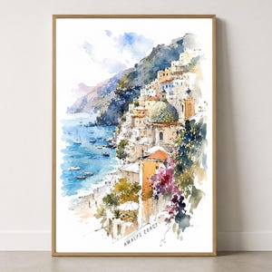 イタリア、アマルフィ海岸のウォールアート｜水彩画の旅行スケッチポスター｜カラフルなインテリア｜新築祝いのギフト