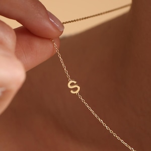 14K Solid Gold Sideways Initial Necklace - Personalized Letter Jewelry