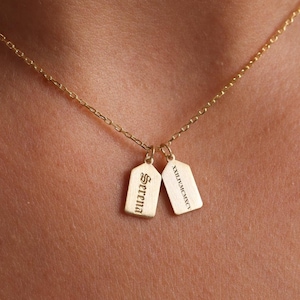 14k Gold Personalized Name Bar Necklace: Engraved Initial Date Tag