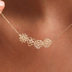 14K Gold Birth Flower Bouquet Necklace, Dainty Birth flower Necklace, Personalized Gift, Birth flower Family Gift, Mothers day gifts