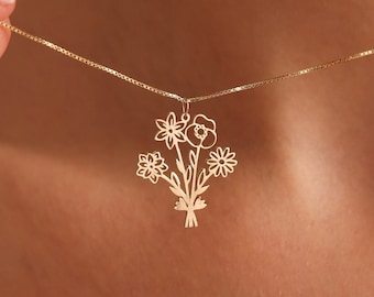 Multiple Birth Flower Necklace,Birth Flower Bouquet Necklace, Personalized Gift, Grandma Gift, Birth flower Family Gift, Mothers Day Gifts