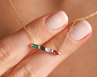 Baguette Birthstone Necklace,Family Birthstone Necklace,Personalized Gift,Mother's Birthstone Jewelry,Christmas Gift For Mom,Gift For Her