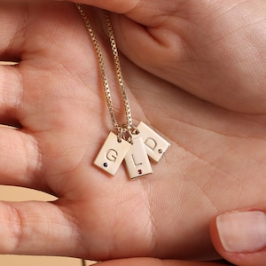 Custom Initial Tag Necklace: Gold Bar, Birthstone, Personalized Jewelry