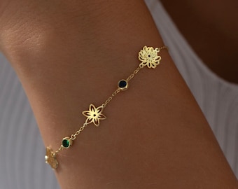 Bracciale fiore di nascita con pietra portafortuna, braccialetto fiore di nascita personalizzato, braccialetto della madre, regalo di compleanno per la mamma, regali per la festa della mamma