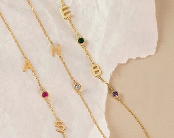 Birthstone Letter Bracelet - Bridesmaid Gift - Initial Bracelet - Mothers Day Gift - Christmas Gift - Gift For Her - Family Birthstone