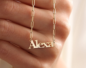 Gouden naamketting met paperclipketting • Gepersonaliseerde naamketting goud • Aangepaste sierlijke naamplaatketting • Gepersonaliseerde sieradencadeaus