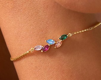 Custom Birthstone Bracelet, Leaf Birthstone Bracelet, Family Birthstone Bracelet, Grandma Gift, Birthday Gift, Christmas Gift for Mom