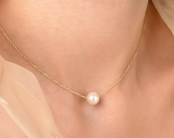 Gold Pearl Necklace, Dainty Pearl Necklace, Single Floating Pearl Necklace, , Bridesmaid Gift, Mothers Day Gift, Wedding jewelry, Gifts