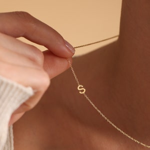 14K Solid Gold Initial Necklace: Personalized Letter Sideways Necklace