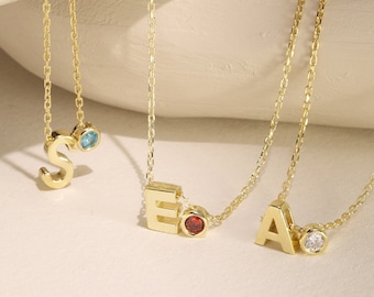 Initial Necklace with Birthstone , Family Birthstone Necklace, Personalized Gift, Birthstone Jewelry, Mother Day Gift, Gold initial necklace