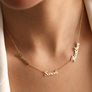 Collar con nombre de oro macizo de 14 quilates, collar con varios nombres en oro, collar con nombre familiar, joyas personalizadas, regalos para el día de la madre, regalos para mamá