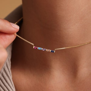 Family Birthstone Necklace: Personalized Baguette Jewelry, Mother&#39;s Gift