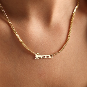 14K Gold Name Necklace, Cuban Chain Necklace, Personalized Necklace, Name Plate Necklace with Curb Chain, Necklace for Men for Women