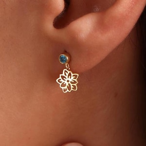 14K Minimalist Birthflower Earrings,Dangle Birthflower Earrings with Birthstones, Dainty Floral Earrings, Birthflower Earrings For Mom