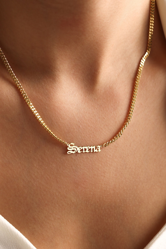 14K Gold Name Necklace, Cuban Chain Necklace, Personalized Necklace, Name  Plate Necklace with Curb Chain, Necklace for Men for Women